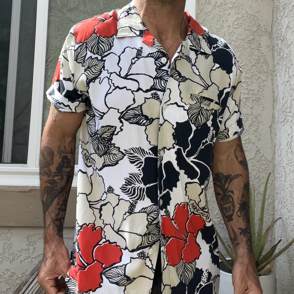 Men's Casual Floral Button Up Shirt - Red, Black, and White